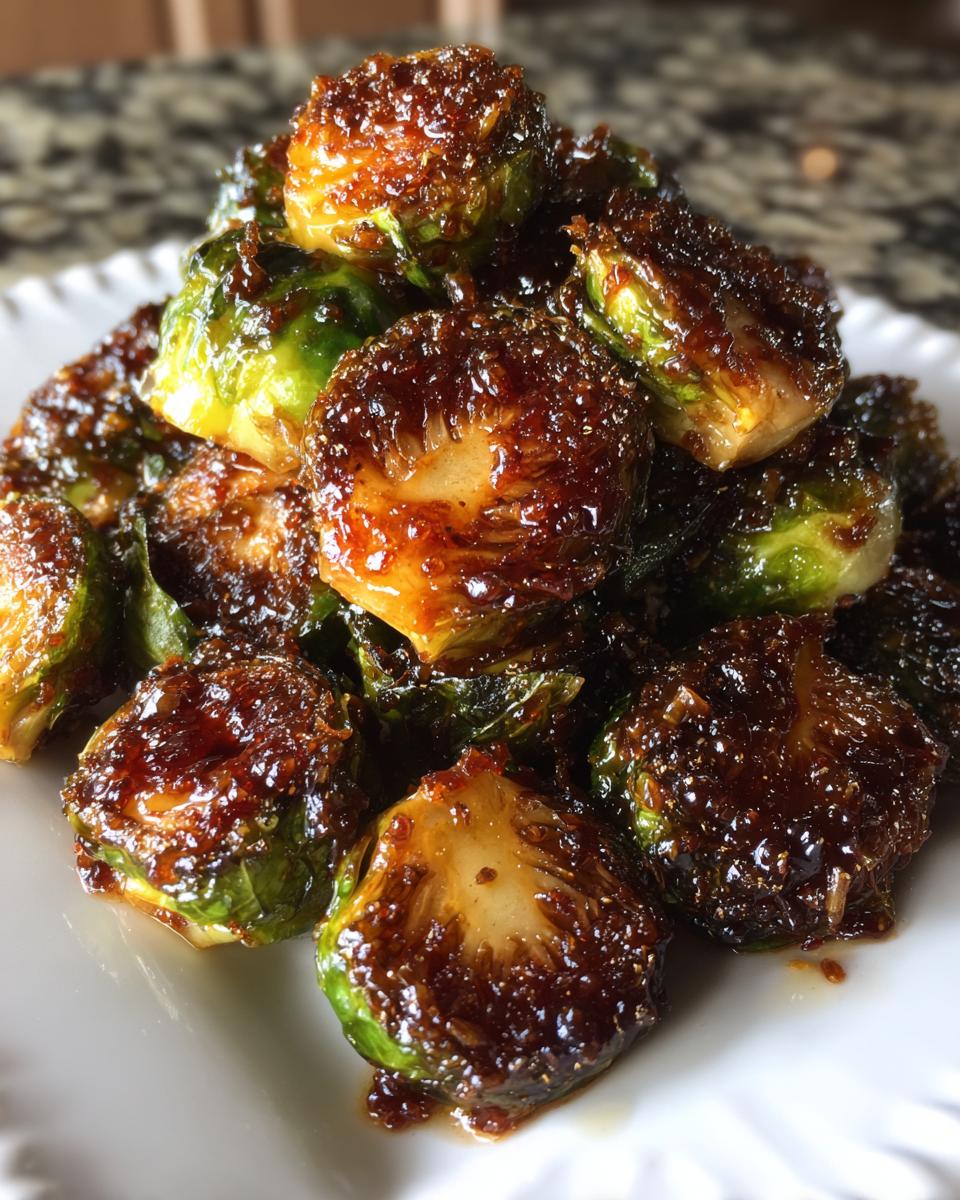 A pile of roasted Brussels sprouts coated heavily in a thick, dark Sticky Brussels Sprouts Glaze.