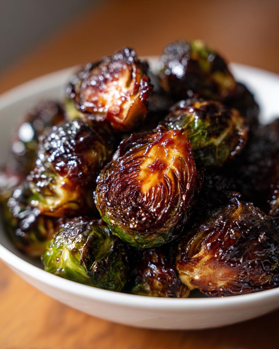 Close-up of roasted Brussels sprouts coated in a dark, shiny Sticky Brussels Sprouts Glaze in a white bowl.