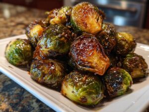 A pile of roasted Brussels sprouts coated in a thick, shiny Sticky Brussels Sprouts Glaze, served on a white rectangular plate.