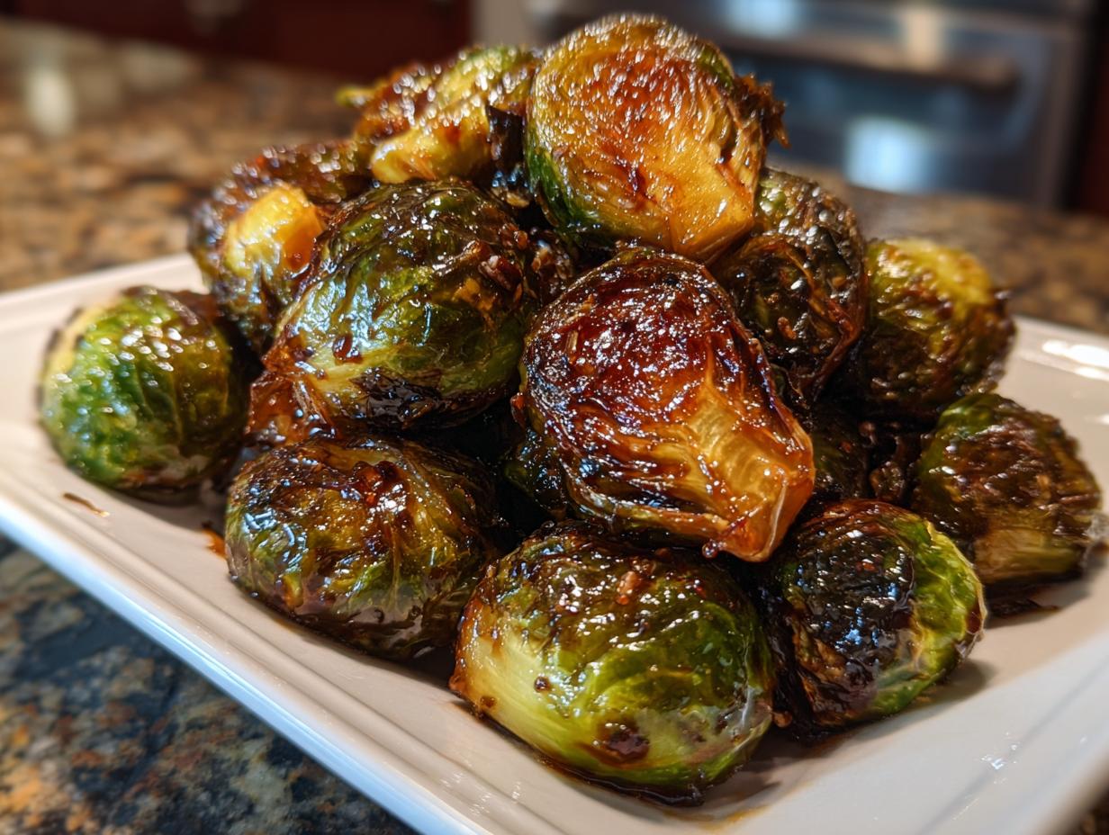 A pile of roasted Brussels sprouts coated in a thick, shiny Sticky Brussels Sprouts Glaze, served on a white rectangular plate.