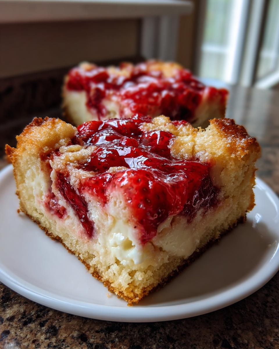 Close-up of a square slice of strawberry cheesecake dump cake showing layers of cake, cream cheese filling, and bright red strawberry topping.