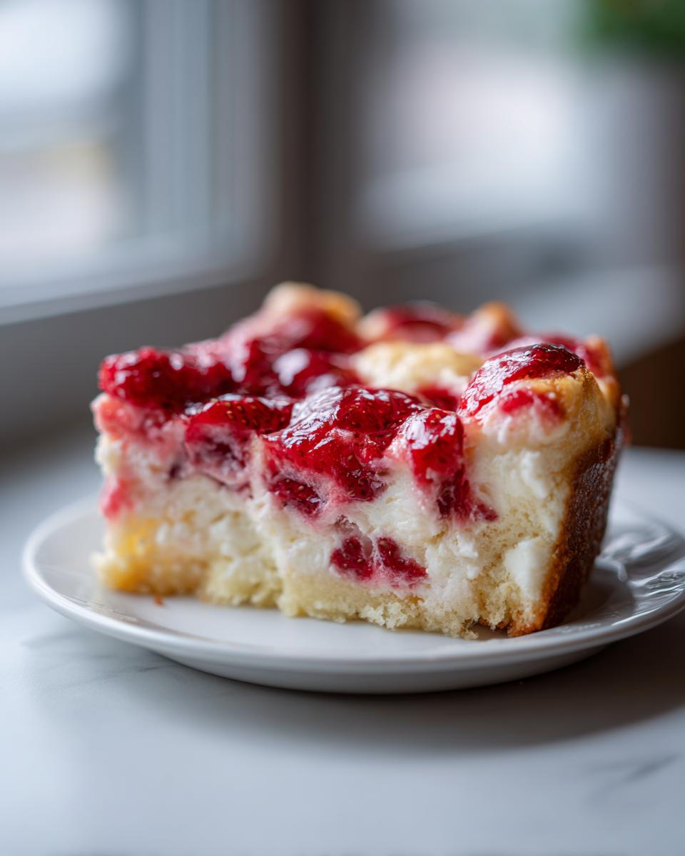 A close-up of a moist slice of strawberry cheesecake dump cake with a bright red strawberry topping.