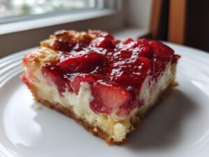 A close-up of a square slice of strawberry cheesecake dump cake showing the crust, creamy filling, and shiny strawberry topping.