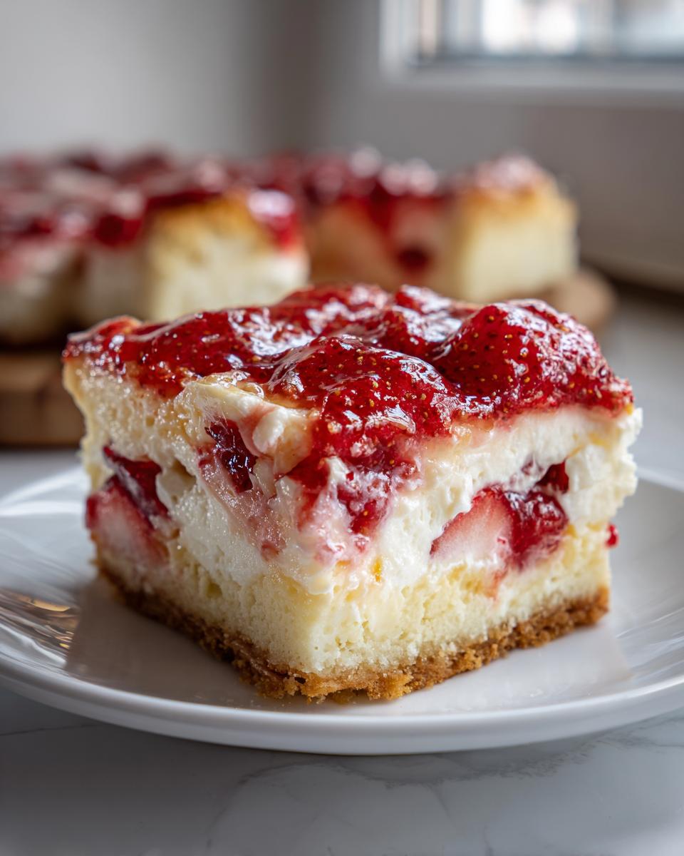 Close-up of a square slice of strawberry cheesecake dump cake showing layers of crust, creamy filling, and strawberry topping.