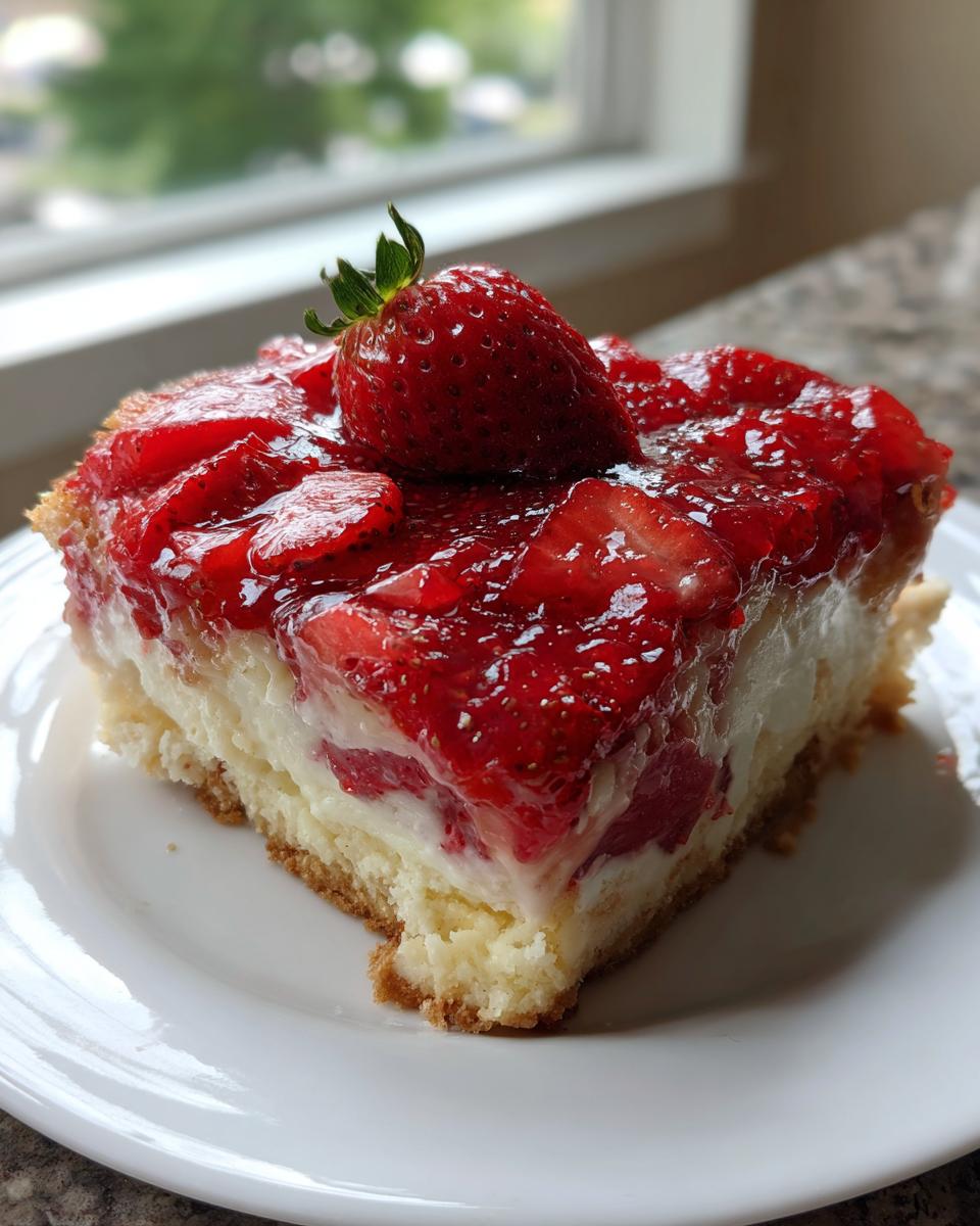 A square slice of strawberry cheesecake dump cake with a thick strawberry glaze topping and a whole fresh strawberry on top.