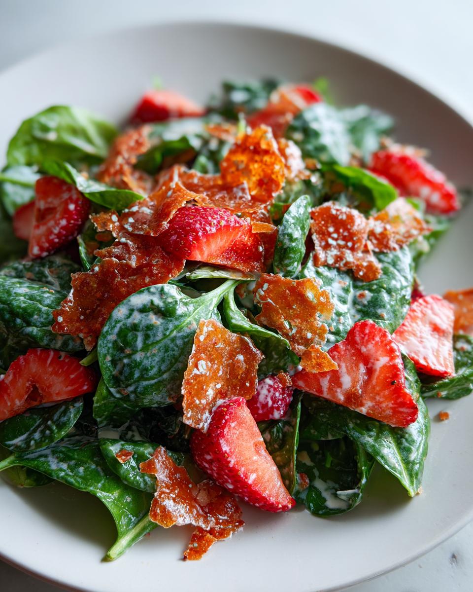 Close-up of a vibrant strawberry crackle salad featuring fresh spinach, sliced strawberries, and crunchy, caramelized crackle pieces coated in dressing.