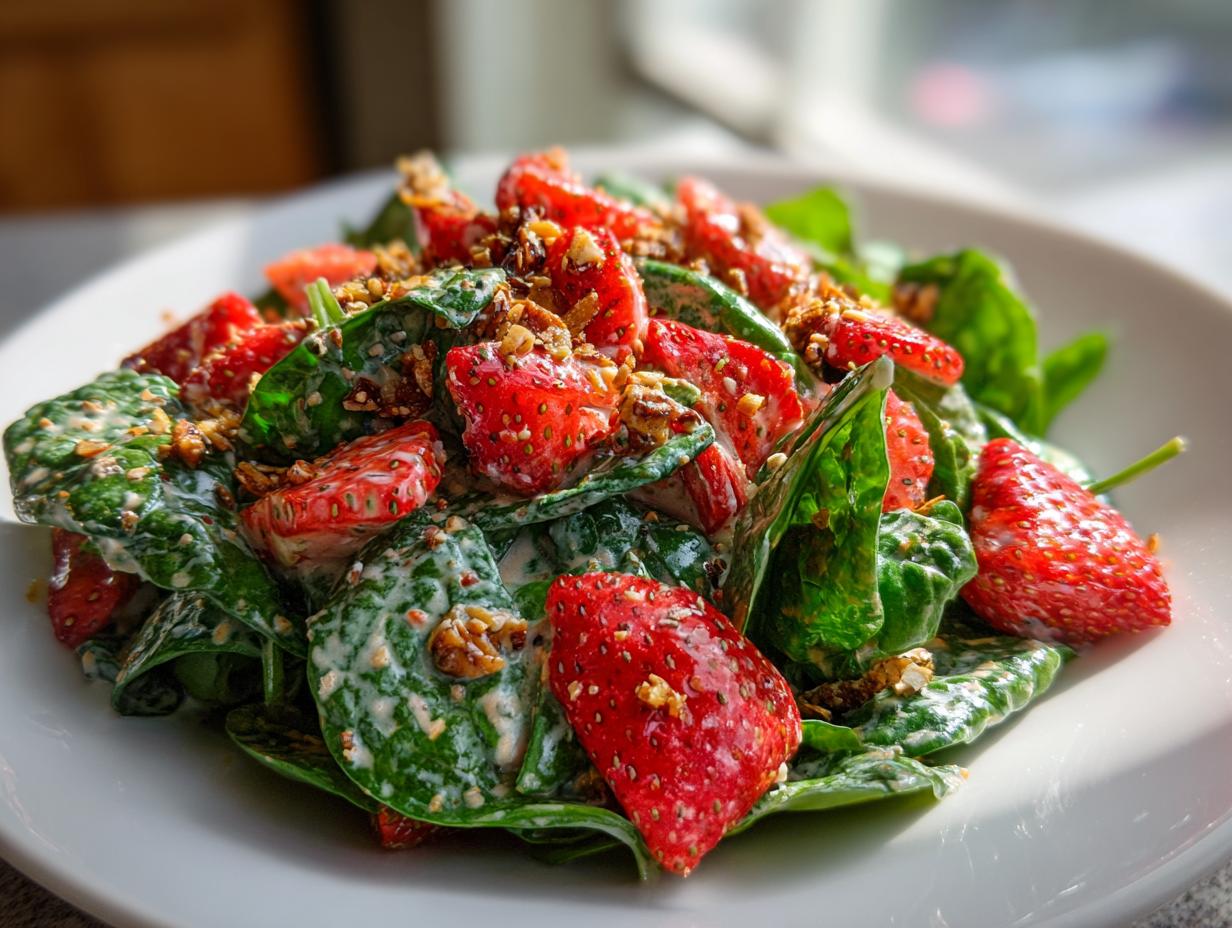 A vibrant close-up of strawberry crackle salad featuring fresh spinach, sliced strawberries, and a creamy, crunchy topping.