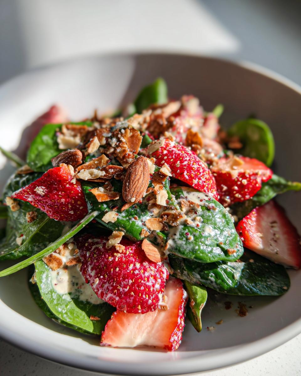 A close-up of a vibrant strawberry crackle salad featuring spinach, sliced strawberries, creamy dressing, and crunchy almonds.