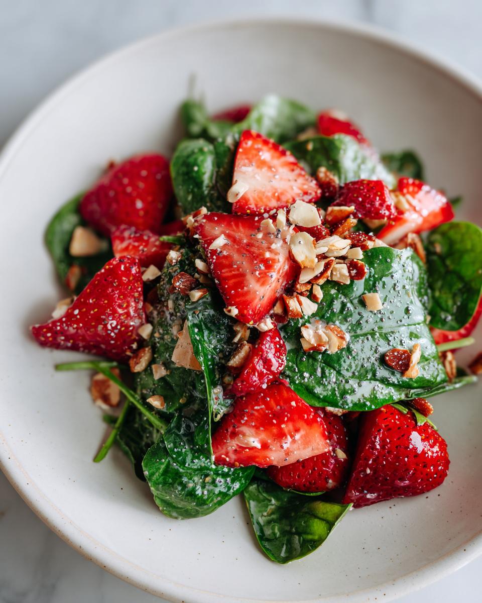 Close-up of a bowl featuring vibrant strawberry crackle salad with fresh spinach leaves, sliced strawberries, and chopped nuts.