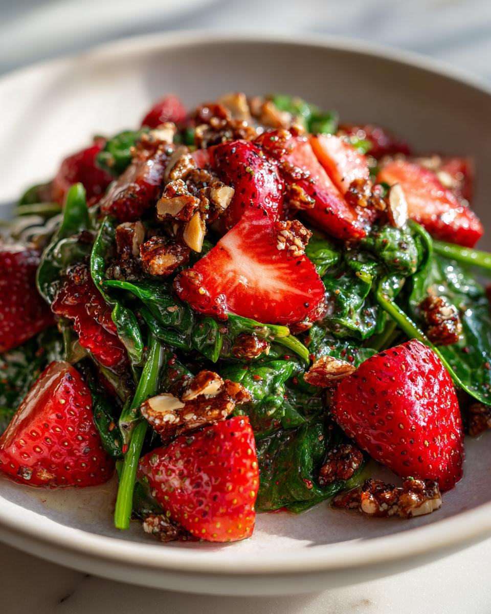 Close-up of vibrant strawberry crackle salad featuring fresh spinach, sliced strawberries, and crunchy nut clusters.