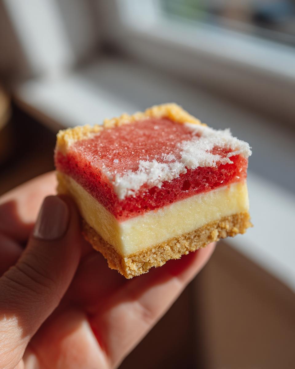 A hand holding a perfectly layered square of strawberry custard bars with a crumb crust and powdered sugar topping.