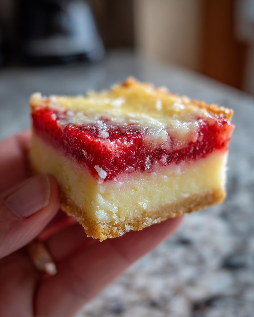 A hand holding a square piece of three-layer strawberry custard bars showing the crust, creamy filling, and bright red fruit topping.