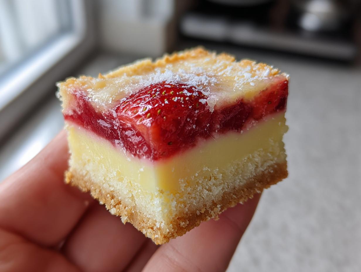 A hand holding a perfectly layered square of strawberry custard bars showing the crust, creamy custard, and strawberry topping.