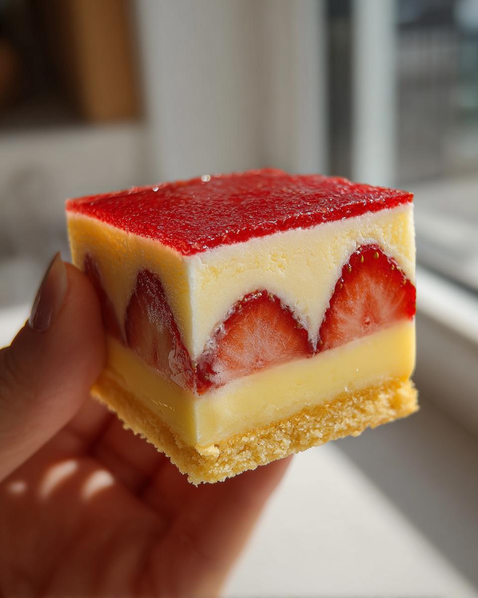 A perfect square slice of three-layer strawberry custard bars, featuring a crust, custard, and strawberry topping, held up to the light.
