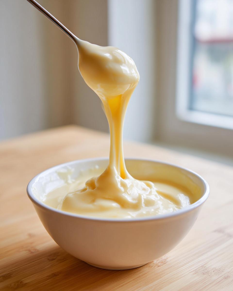 A spoonful of smooth, melted cheese fondue recipe mixture being lifted from a white bowl.