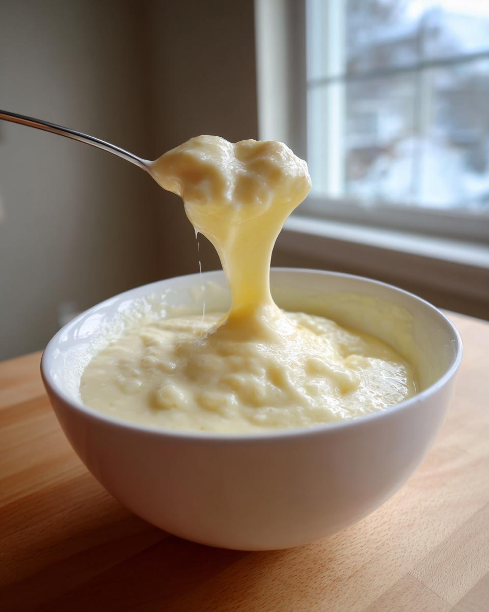 A spoonful of incredibly stretchy, melted cheese fondue recipe being lifted from a white bowl.
