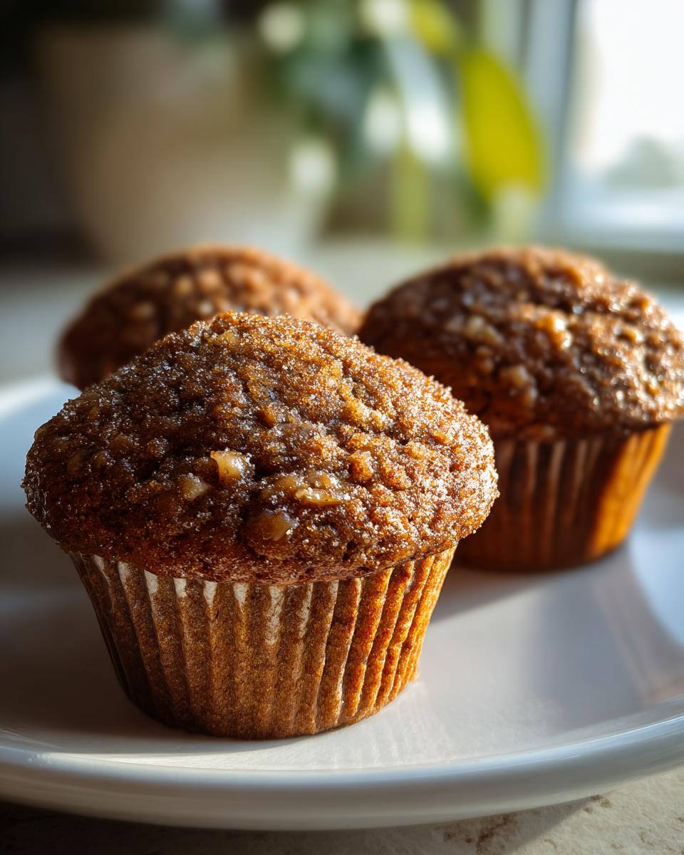 Close-up of three freshly baked banana nut muffins with a sugary, crunchy topping on a white plate.