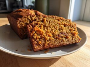 Close-up of a thick slice of moist Sweet Potato Cinnamon Bread next to the rest of the loaf on a plate.