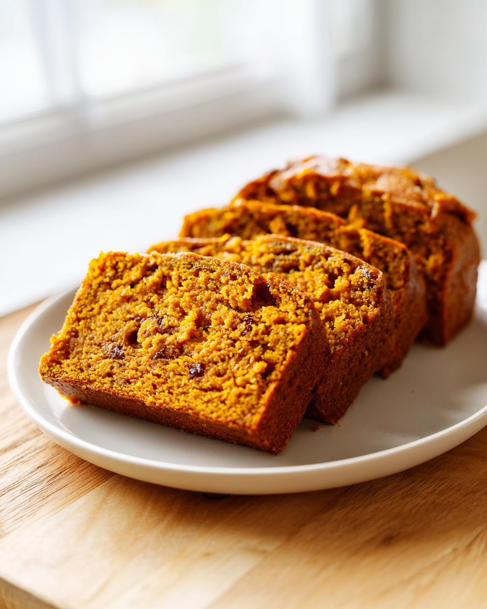 Four moist slices of Sweet Potato Cinnamon Bread arranged on a white plate near a bright window.