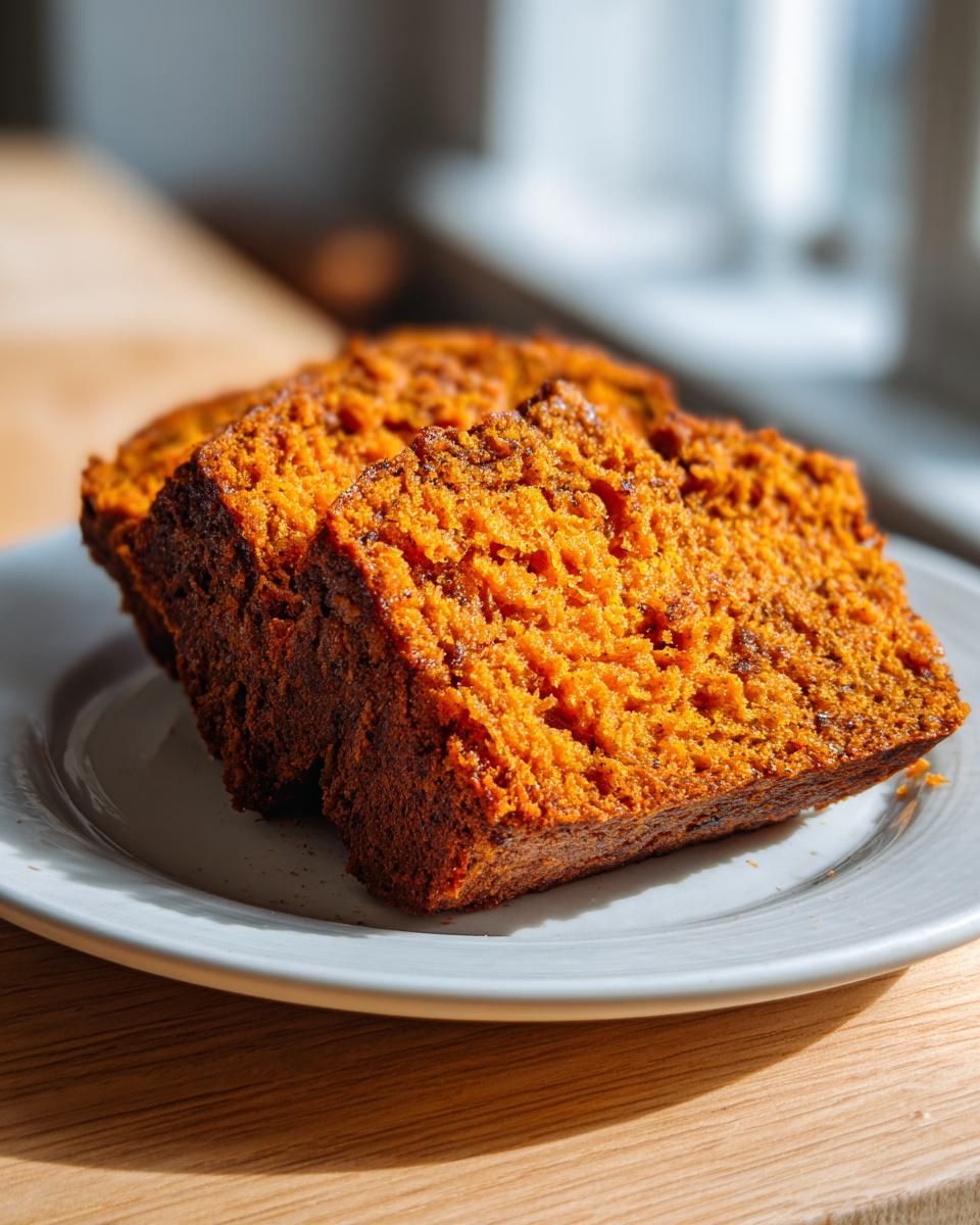 Close-up of two thick, moist slices of vibrant orange Sweet Potato Cinnamon Bread on a white plate.