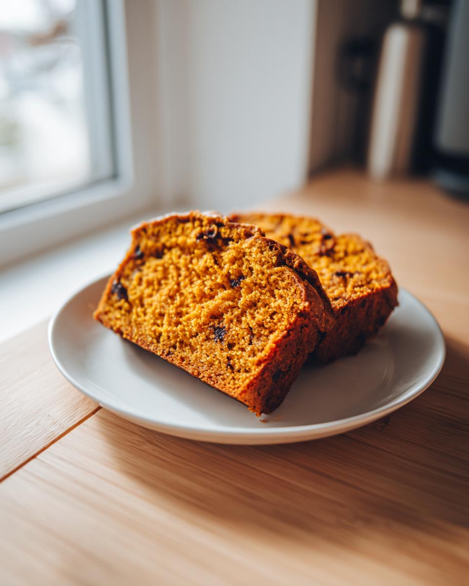 Two thick slices of moist Sweet Potato Cinnamon Bread with visible dark spices or raisins on a small white plate.