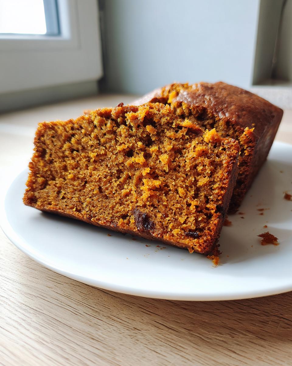 Close-up of two moist slices of Sweet Potato Cinnamon Bread on a white plate.