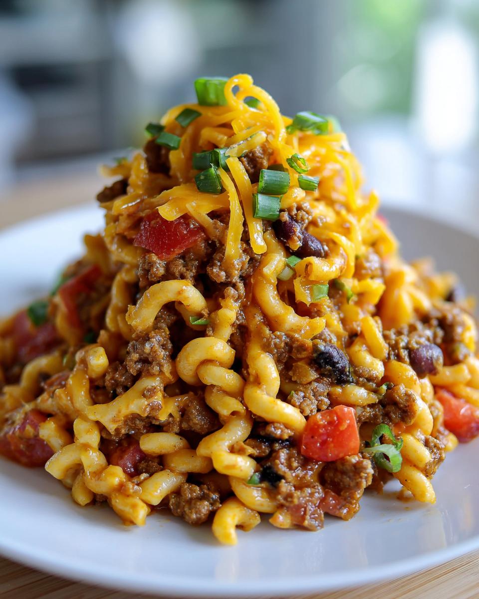 A close-up of a mound of taco pasta salad featuring elbow macaroni, seasoned ground beef, tomatoes, and topped with shredded cheddar and green onions.