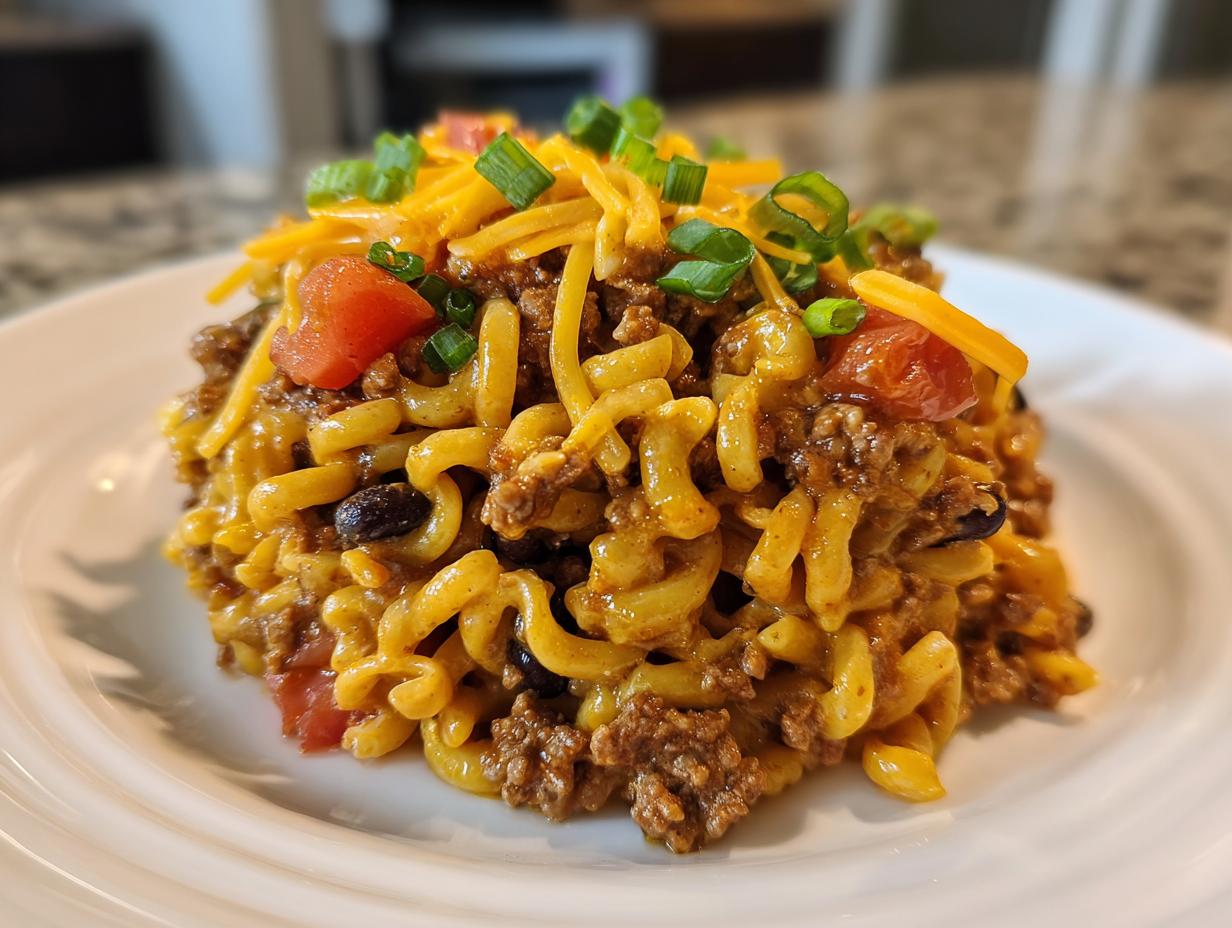 A close-up of a serving of taco pasta salad featuring seasoned ground beef, elbow macaroni, black beans, topped with shredded cheese, diced tomatoes, and green onions.