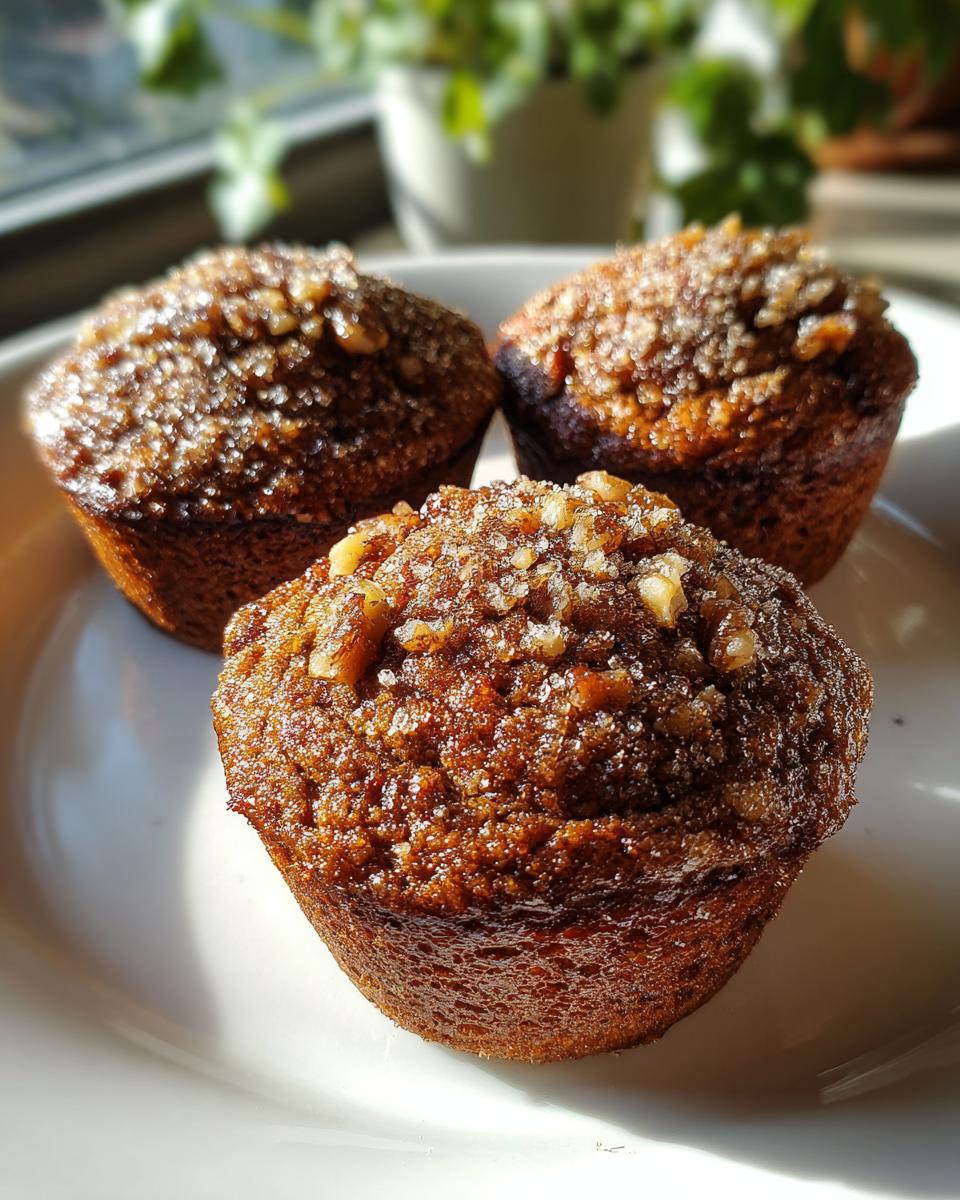 Three freshly baked banana nut muffins with a sugary, crunchy nut topping, sitting on a white plate.