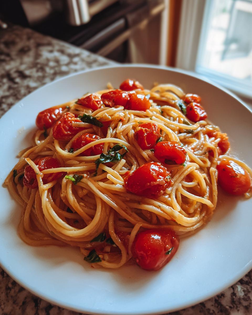 A close-up shot of a plate of delicious tomato basil pasta tossed with bright red, burst cherry tomatoes and fresh basil.
