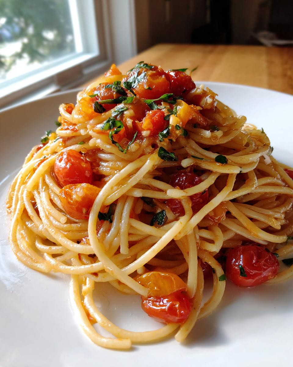 A close-up of perfectly twirled tomato basil pasta tossed with burst cherry tomatoes and fresh herbs on a white plate.