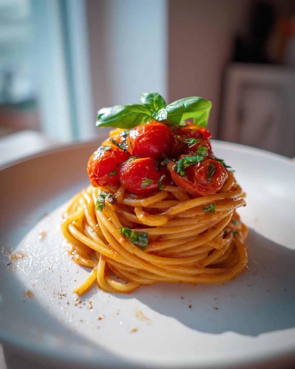 A tall swirl of spaghetti topped with roasted cherry tomatoes and fresh basil, representing delicious tomato basil pasta.