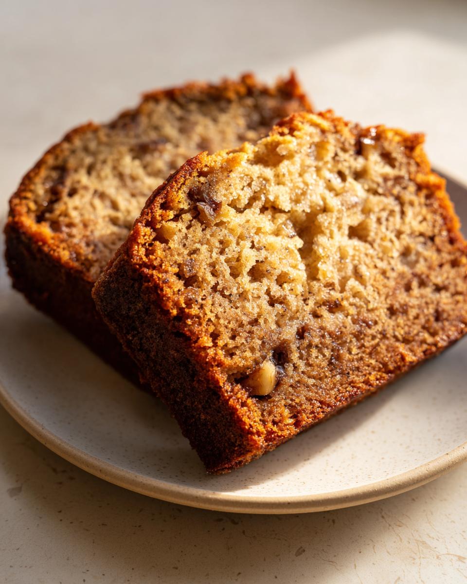 Close-up of two moist slices of banana bread for two resting on a speckled plate.