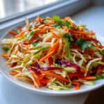 A close-up of a vibrant Asian cabbage slaw featuring shredded carrots, green and purple cabbage, topped with sesame seeds and fresh cilantro.