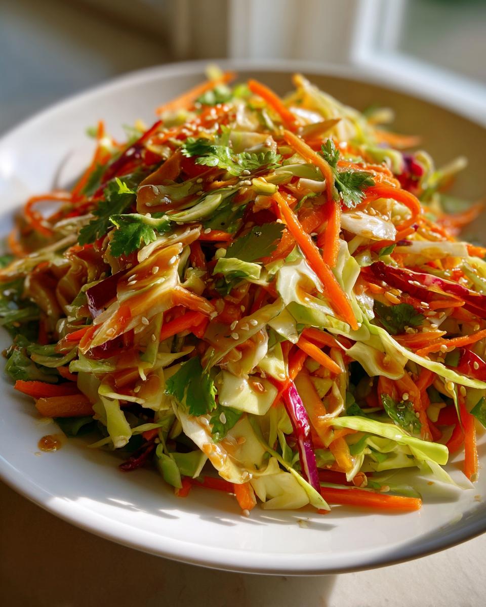 Close-up of a vibrant asian cabbage slaw featuring shredded cabbage, carrots, and cilantro, drizzled with dressing and sesame seeds.