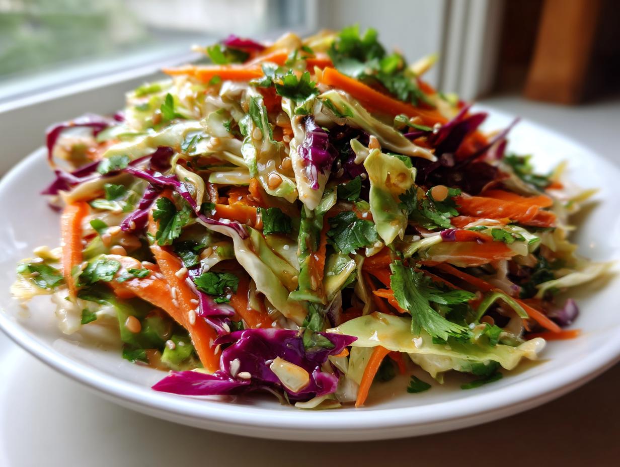 Close-up of a vibrant Asian cabbage slaw featuring shredded green and red cabbage, carrots, and cilantro, tossed in a light dressing.