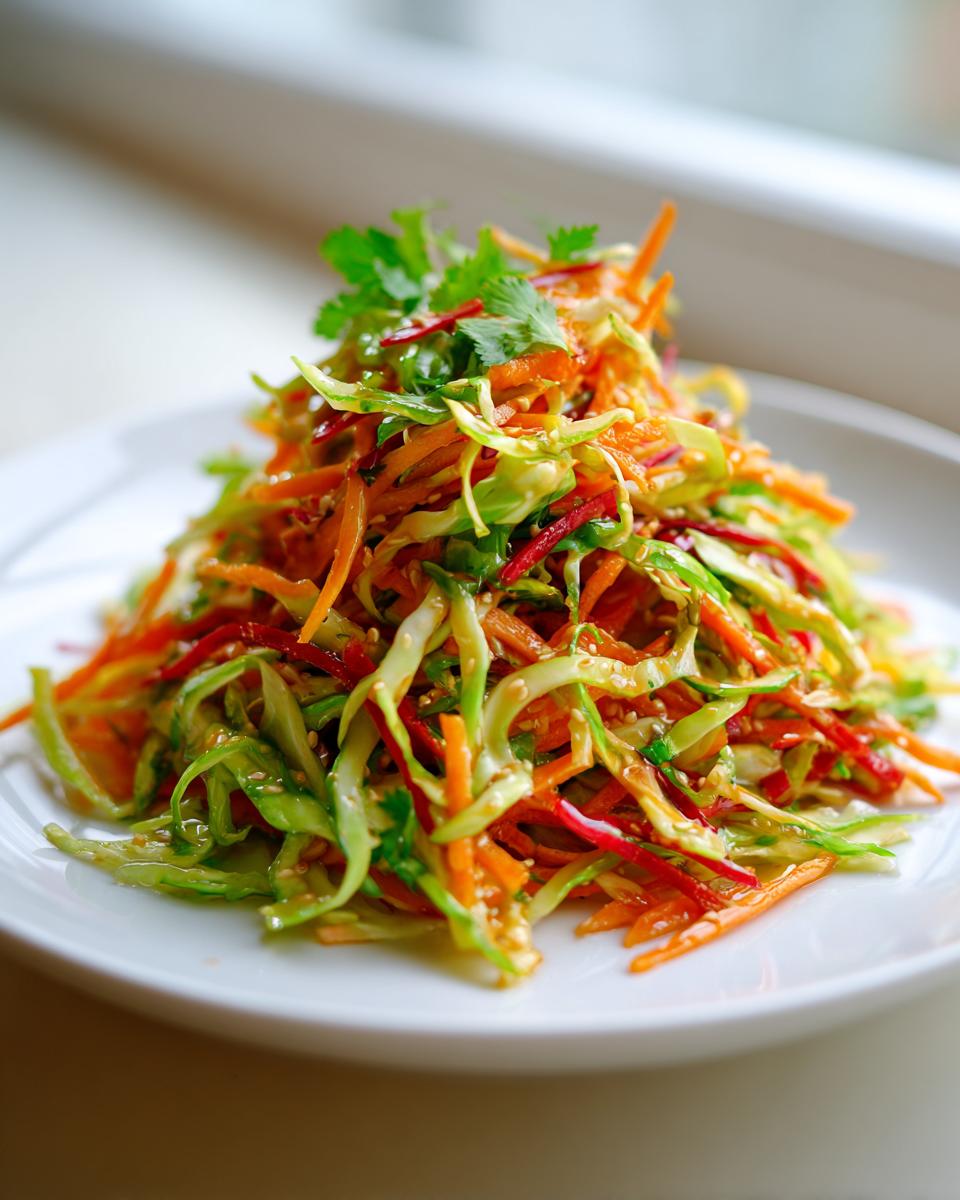 A mound of colorful Asian cabbage slaw featuring shredded carrots, cabbage, and red peppers, topped with cilantro and sesame seeds.