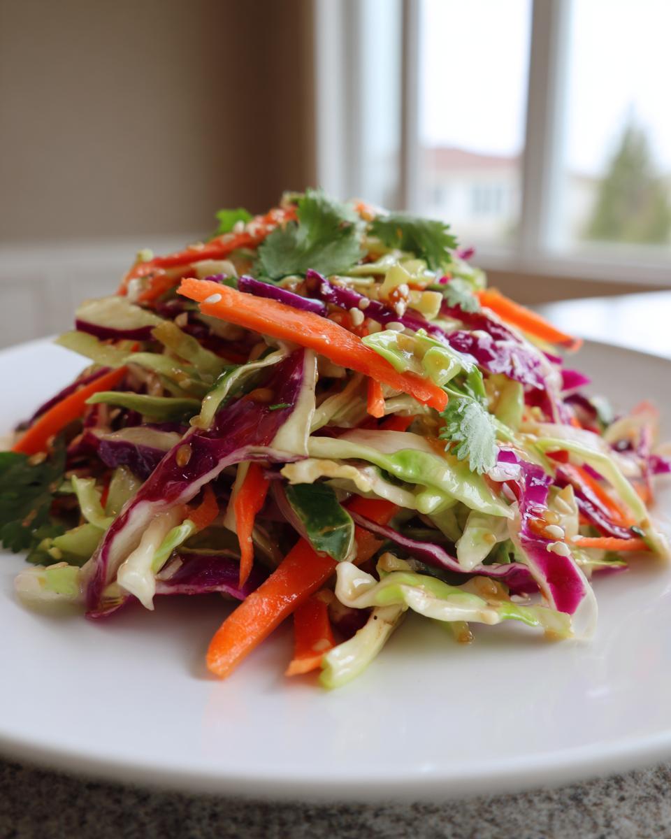 A close-up of a fresh Asian cabbage slaw featuring shredded green and purple cabbage, carrots, and cilantro.
