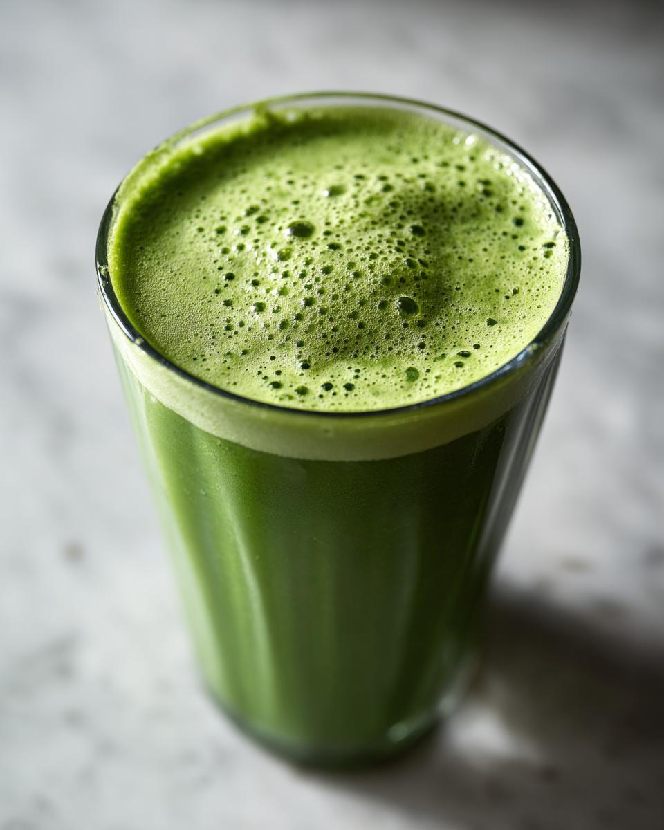 Close-up of a tall glass filled with a vibrant green fat burning smoothie topped with foam.
