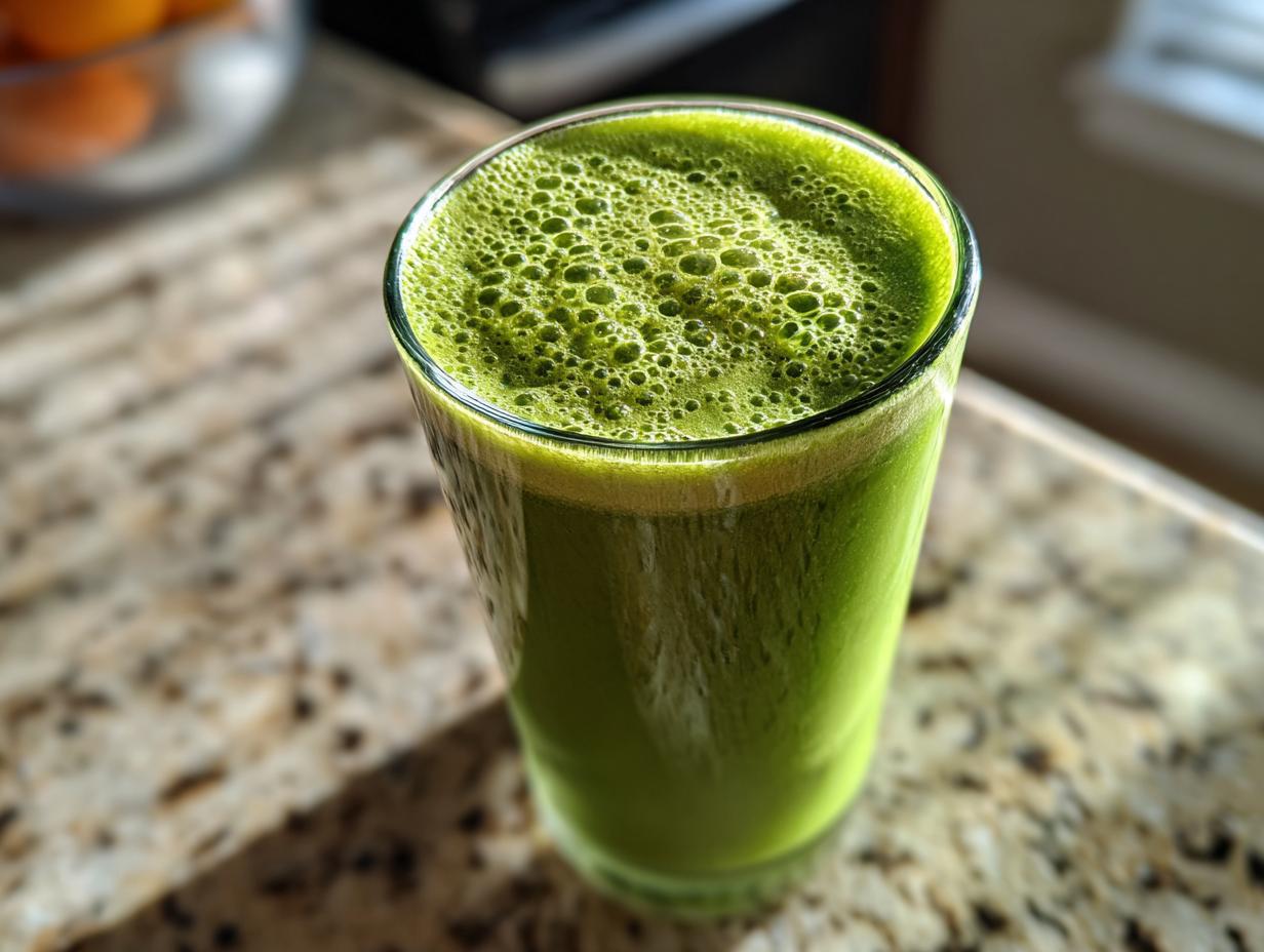 Close-up of a vibrant green fat burning smoothie with foamy bubbles on top, sitting on a granite countertop.