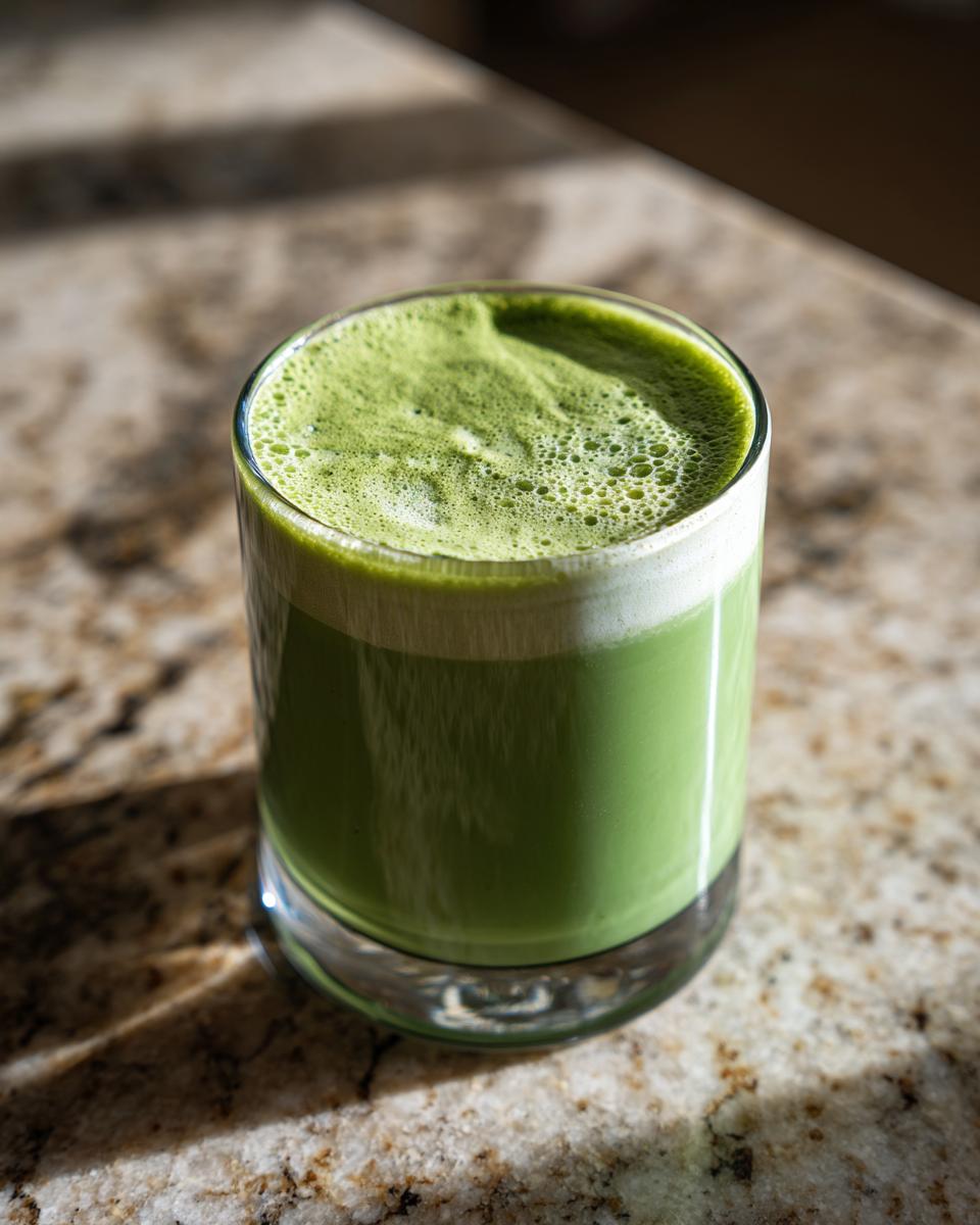 Close-up of a vibrant green fat burning smoothie with a frothy top in a clear glass on a speckled countertop.