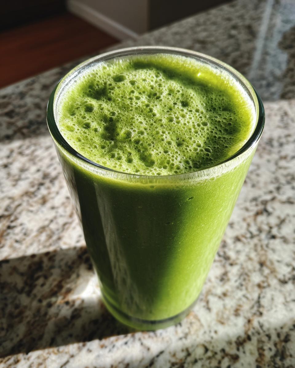 Close-up of a vibrant green fat burning smoothie with foam on top, sitting on a granite countertop.