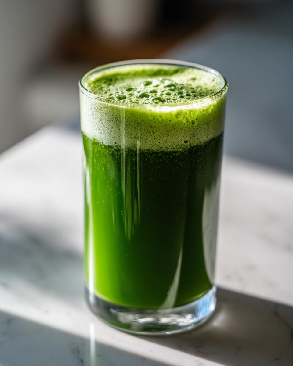 Close-up of a tall glass filled with a bright green fat burning smoothie topped with foam.