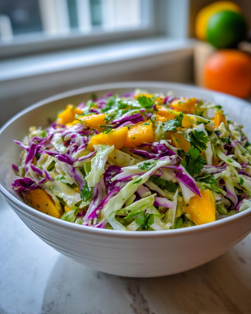 A close-up of a vibrant mango slaw featuring shredded green and purple cabbage mixed with bright orange mango chunks and cilantro.