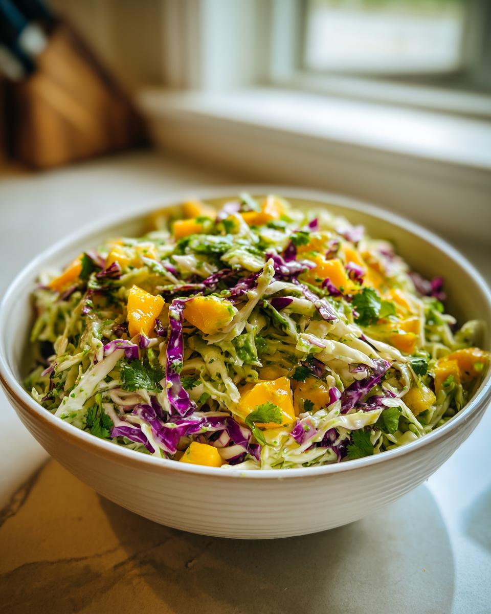 A close-up of a white bowl filled with colorful mango slaw featuring shredded cabbage, purple cabbage, and bright orange mango chunks.