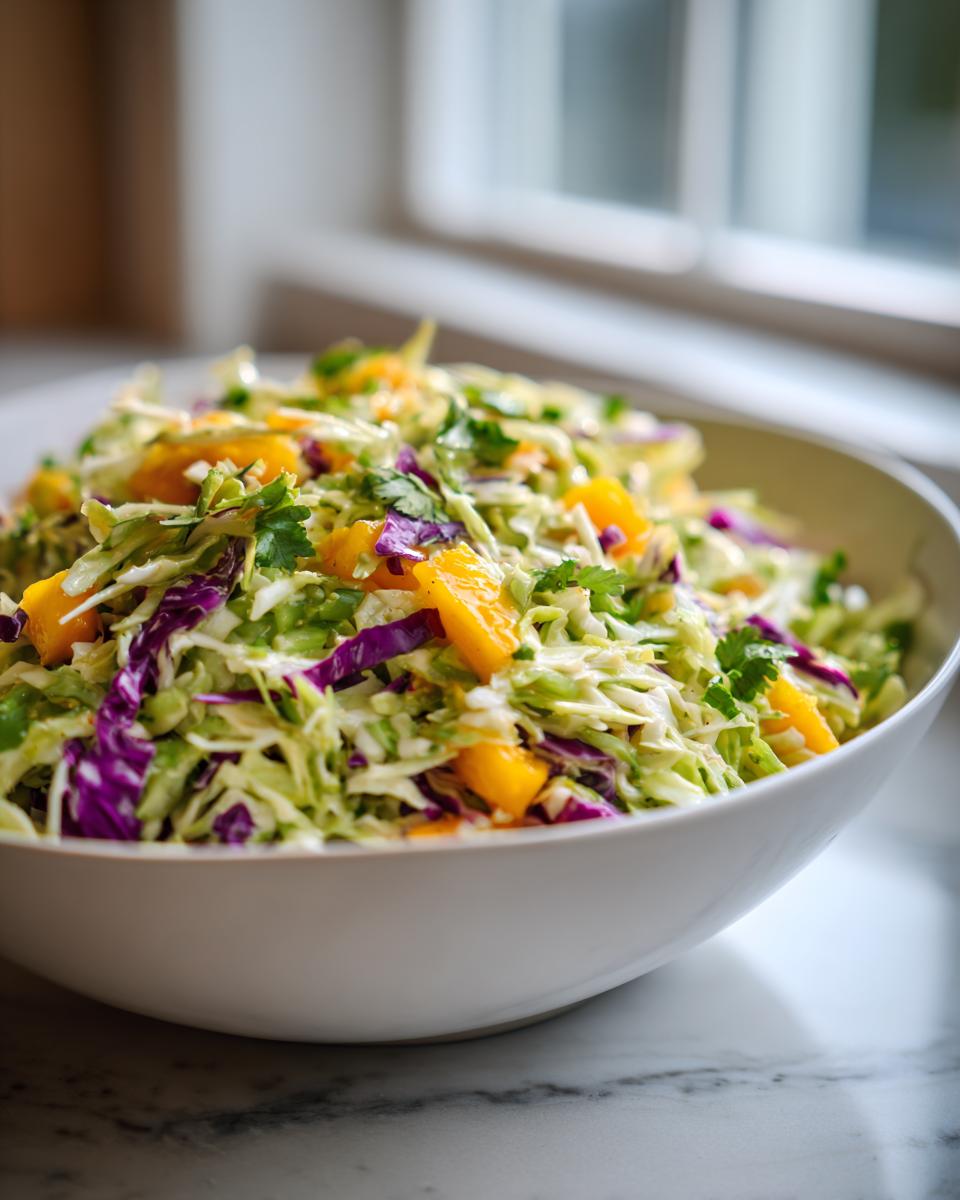A close-up of a white bowl filled with colorful mango slaw, featuring shredded cabbage, purple cabbage, and bright orange mango chunks.