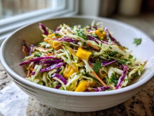 Close-up of a vibrant mango slaw featuring shredded green and purple cabbage, carrots, and bright yellow mango chunks.