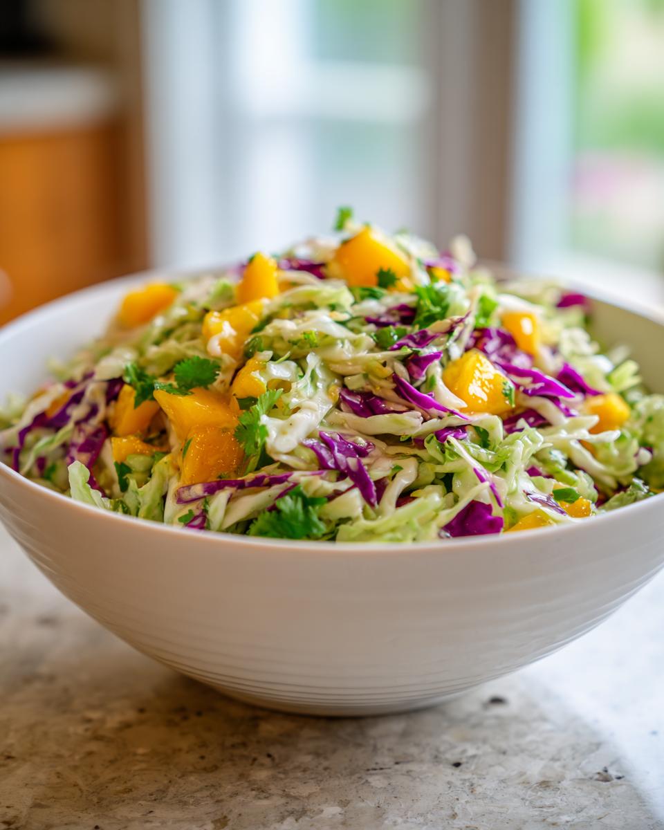 A large white bowl filled with colorful mango slaw, featuring shredded green and purple cabbage and chunks of bright orange mango.
