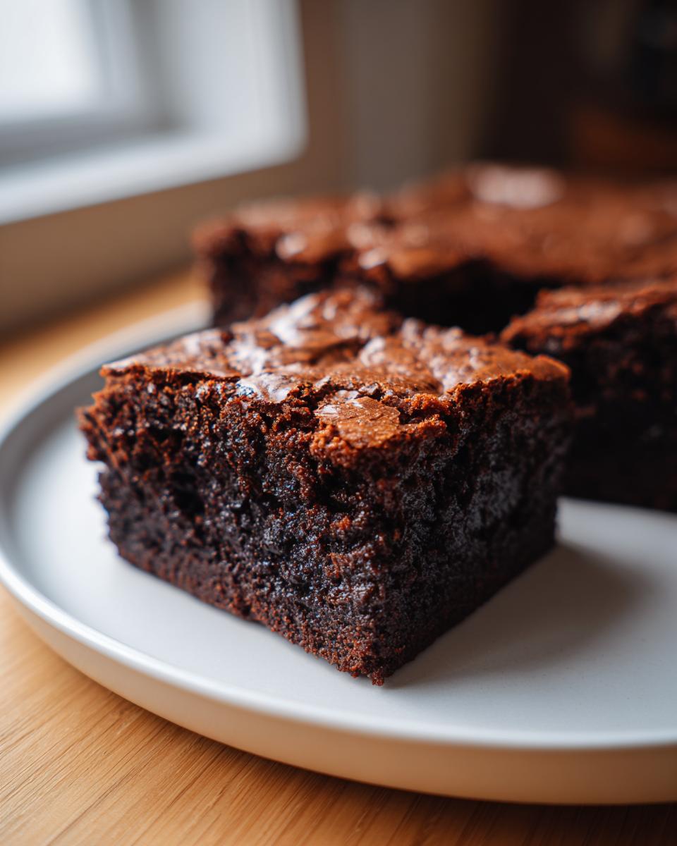 Close-up of a rich, fudgy slice of zero sugar brownies on a light plate, showing a shiny, cracked top.