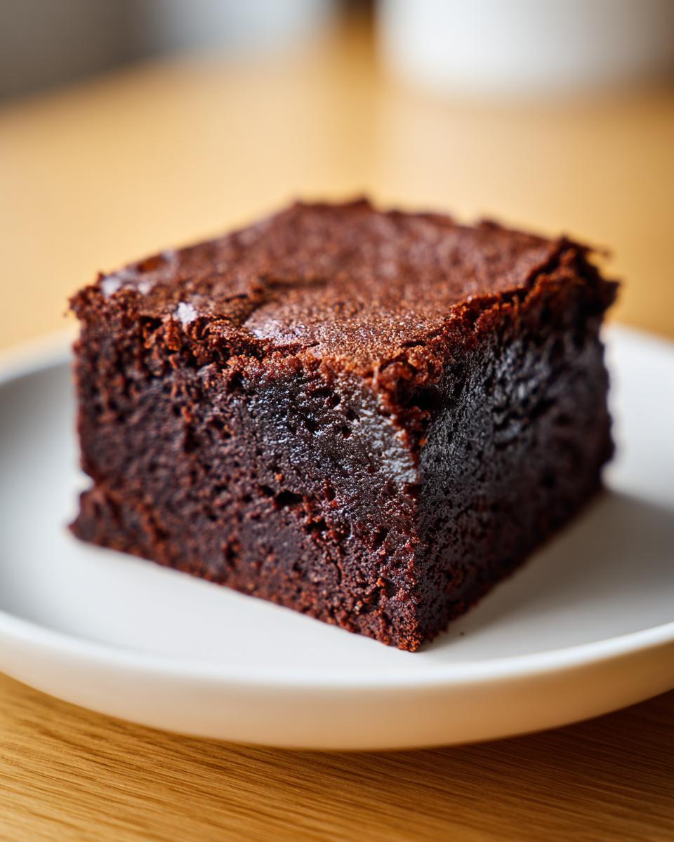 Close-up of a single, fudgy square of zero sugar brownies resting on a small white plate.